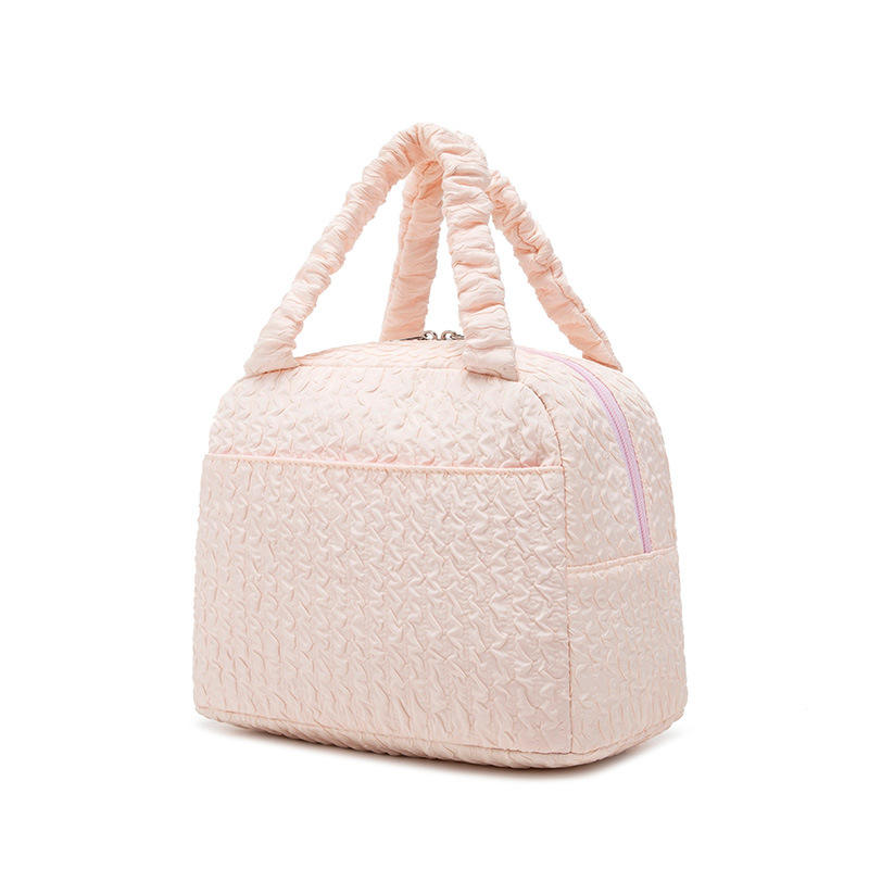Multi-Color Puffy Insulated Lunch Bag with Leather Zipper & Ruched Handle