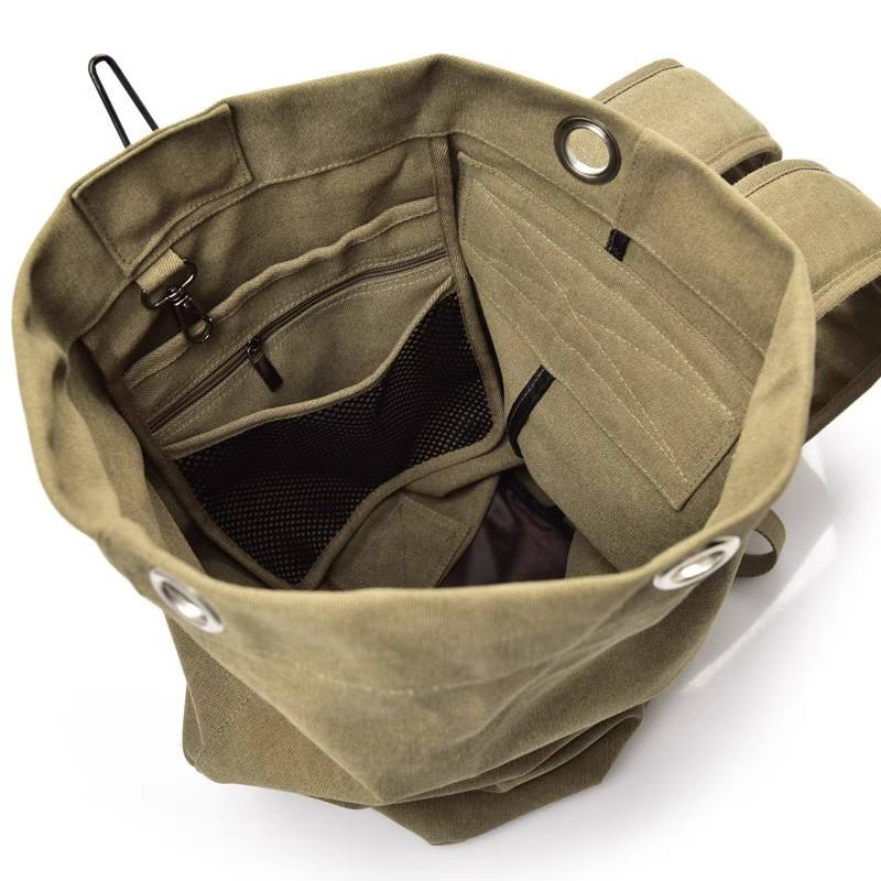 Khaki Canvas Multi-Function Bag with Leather Patch, Outdoor Travel Backpack