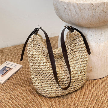 Natural Beige Woven Shoulder Bag with Adjustable Straps, Vacation Beach Tote Bag