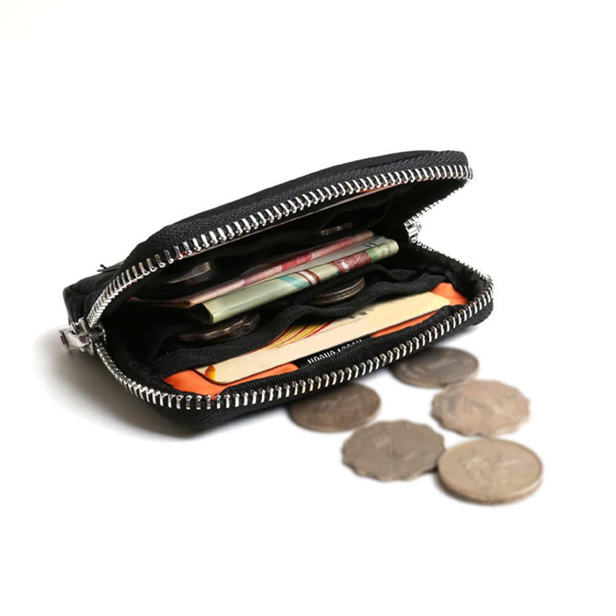 Black Mini Zipper Card Coin Bag with Zipper Pull, Multi-Slot Portable Daily Storage Bag