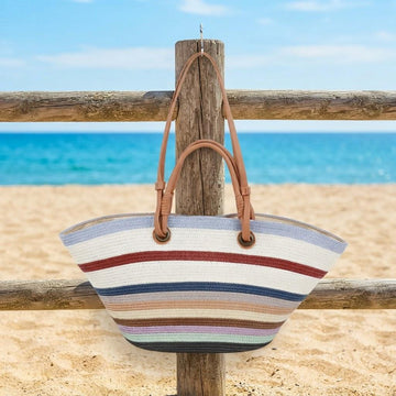 Multi Stripe Woven Magnetic Snap Tote Bag with Leather Dual Handles, Large Beach Carry Bag