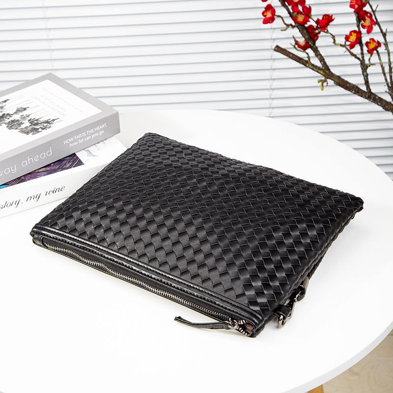 Black Clutch Bag with Wrist Strap, Large Zipper Document Hand Bag