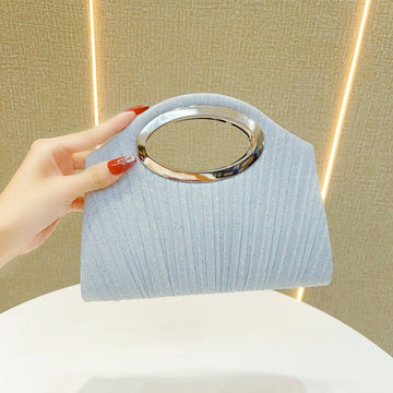 Silver Glitter Pleated Clutch Bag with Leather Lining & Magnetic Snap, Metal Ring Handle Evening Bag