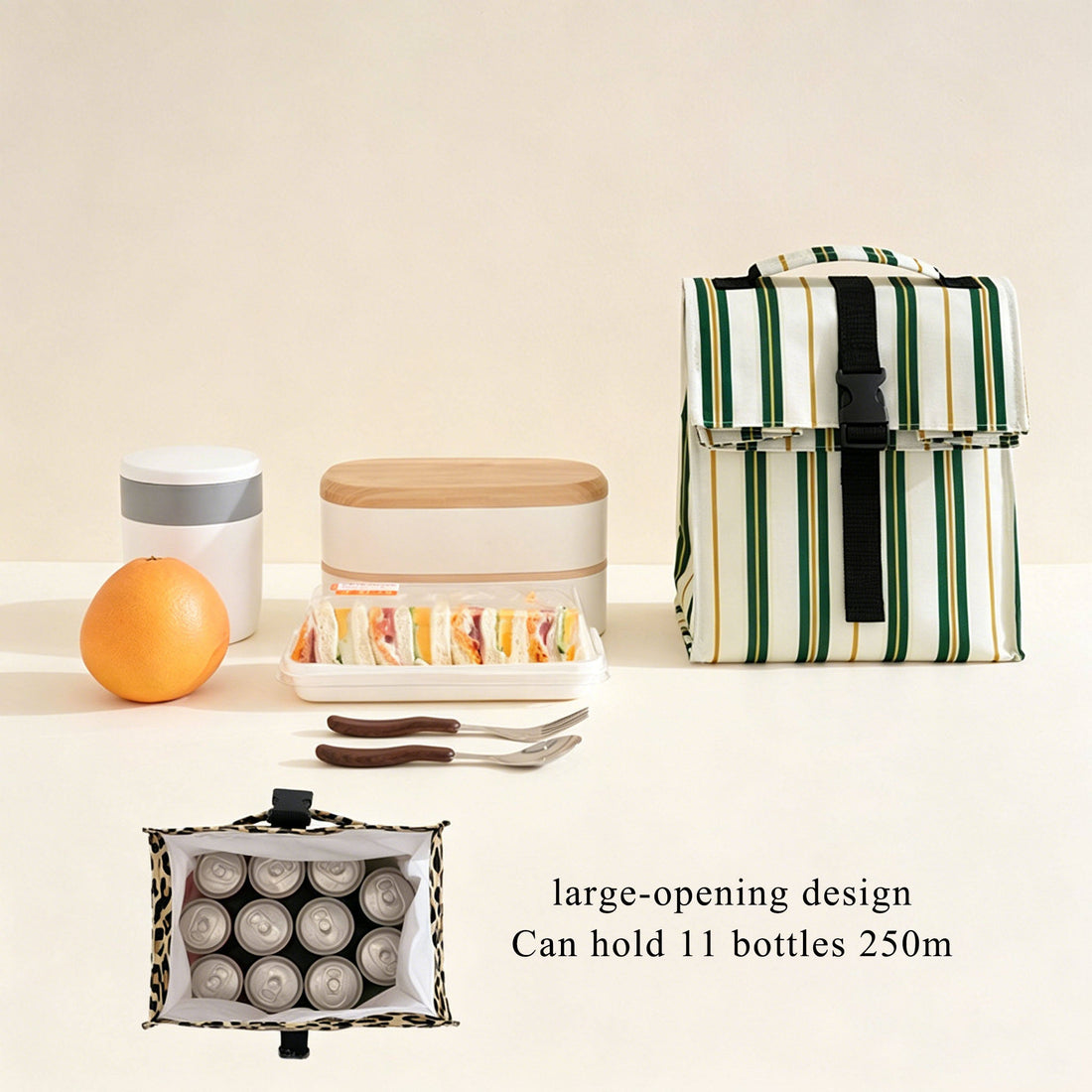 Solid & Striped Roll Top Insulated Lunch Bag with Handle Trim, Buckle Seal Foldable Food Cooler Bag