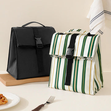 Solid & Striped Roll Top Insulated Lunch Bag with Handle Trim, Buckle Seal Foldable Food Cooler Bag