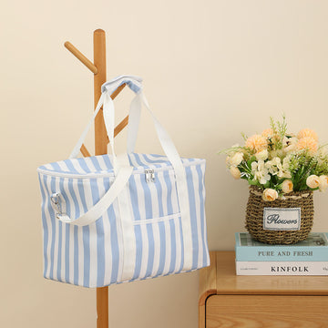 Pink & Blue Striped Insulated Tote Cooler Bag with Leather Zipper Pulls, Portable Picnic Lunch Storage Bag