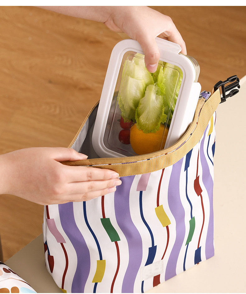 Print Roll Top Insulated Lunch Bag with Edge Trim, Clip Seal Portable Food Storage Bag