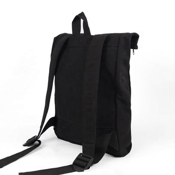 Black Roll-Top Backpack Bag with Leather Accents & Yellow Buckles, Casual Daypack for Daily Wear