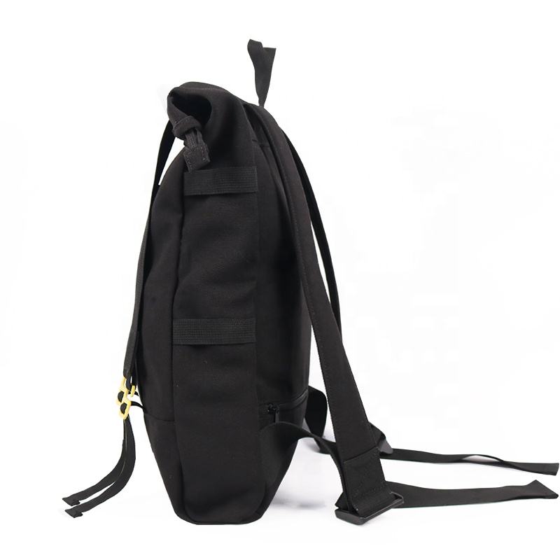 Black Roll-Top Backpack Bag with Leather Accents & Yellow Buckles, Casual Daypack for Daily Wear