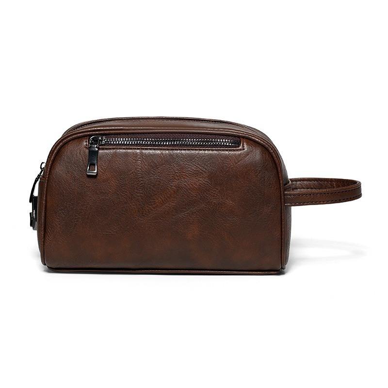 Black & Brown Leather Dopp Kit Bag with Hand Strap, Zipper Business Travel Wash Bag