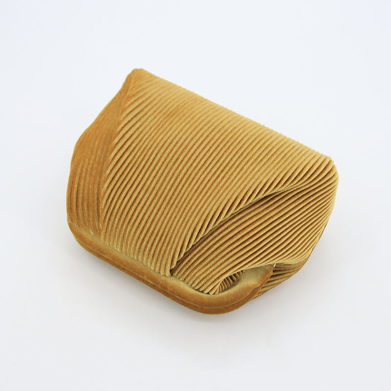 Golden Pleated Velvet Cosmetic Bag with Zipper Trim, Evening Portable Storage Bag