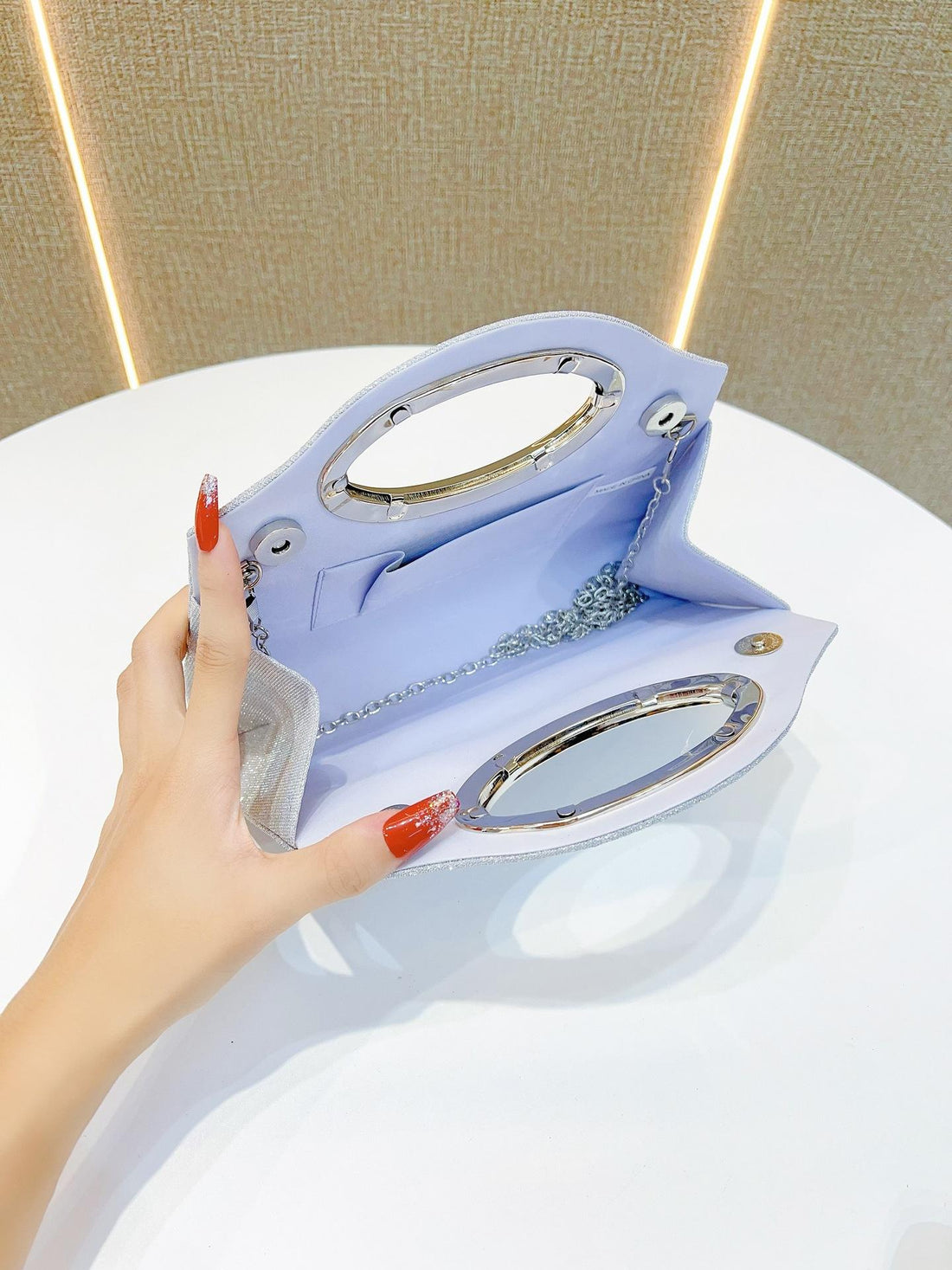 Silver Glitter Pleated Clutch Bag with Leather Lining & Magnetic Snap, Metal Ring Handle Evening Bag