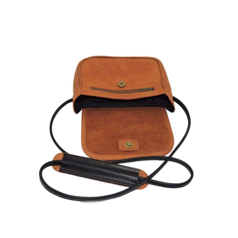 Brown Leather Magnetic Flap Mini Saddle Crossbody Bag